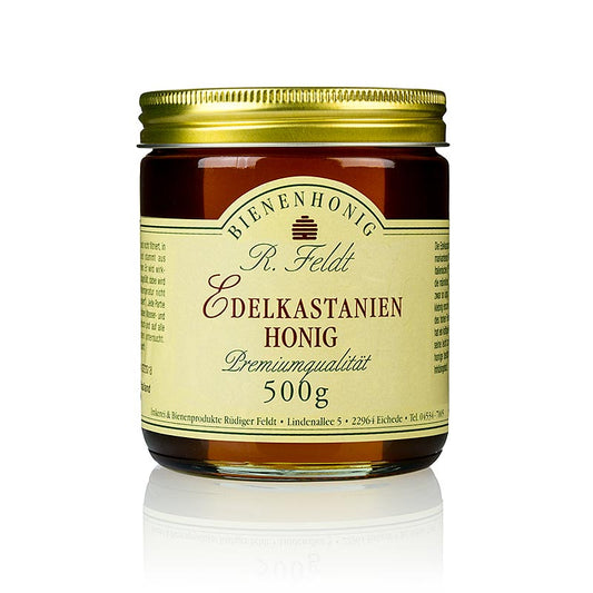 Photo d'un pot de 500 g de miel de châtaignier italien, de couleur brun moyen, de texture liquide et de saveur douce-amère.