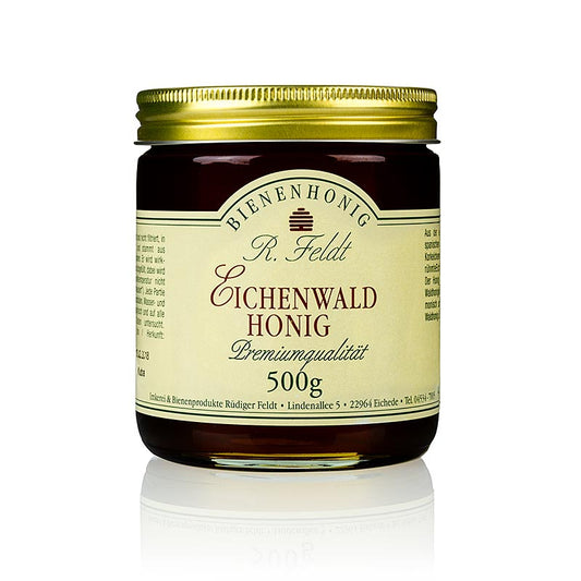 Miel de forêt de chêne d'Espagne, fabriqué à partir de sève de chêne-liège pure, de couleur noire, de texture liquide et peu sucré, conditionné dans un pot de 500 g.