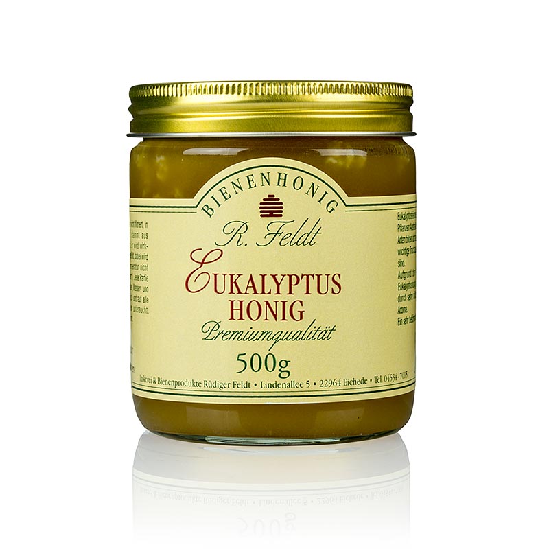 Miel de fleurs d'eucalyptus d'Argentine, de couleur claire et crémeux, à la saveur subtile et légèrement épicée, en paquet de 500 g.