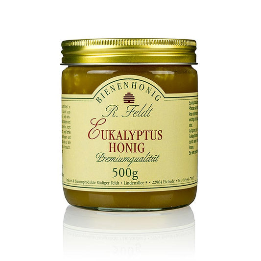 Miel de fleurs d'eucalyptus d'Argentine, de couleur claire et crémeux, à la saveur subtile et légèrement épicée, en paquet de 500 g.