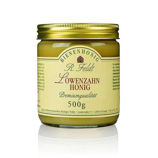 Miel de pissenlit d'Allemagne, un miel jaune foncé, crémeux, doux et épicé avec une saveur aromatique, emballé dans un pot de 500 g.