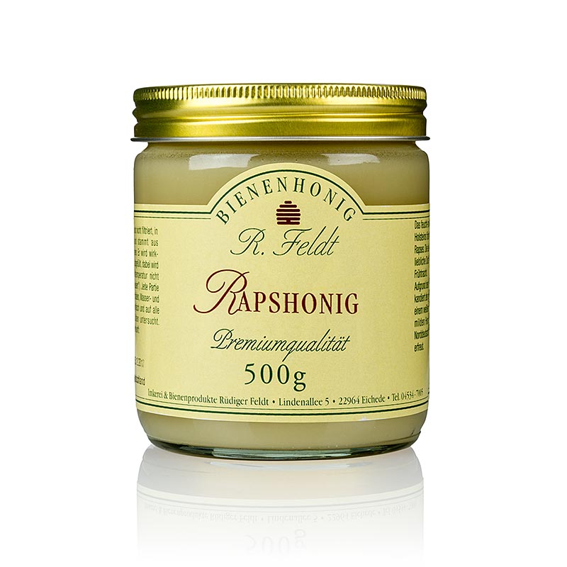 Miel de colza du nord de l'Allemagne, de couleur blanche, saveur crémeuse et fine, caractère doux, conditionné dans un emballage de 500 grammes.