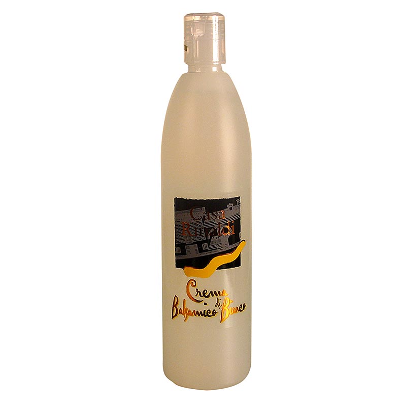 Bouteille en verre contenant 500 ml de Crema di Balsamico Bianco de Casa Rinaldi, à utiliser dans les desserts et autres plats.