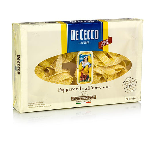 De Cecco Pappardelle aux œufs, No101, 250 g - Pâtes à larges rubans aux œufs de poules élevées en plein air, parfaites pour de délicieux plats de pâtes