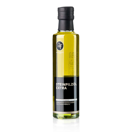 Une bouteille de 250 ml d'huile de cèpes, huile d'olive aux cèpes et à l'arôme, de la marque Appennino.