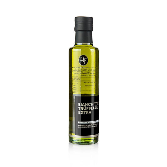 Bouteille de 250 ml d'huile d'olive vierge aromatisée à la truffe blanche (huile de truffe) de TARTUFOLIO, produite dans la région de l'Appennino.
