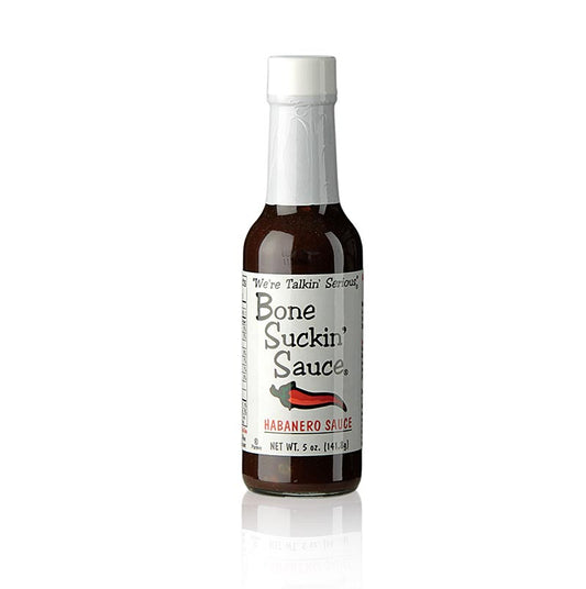 Bone Suckin' Sauce Habanero BBQ Sauce (Hiccuppin-Hot), Ford's Food, 147 ml - Sauce barbecue épicée au piment habanero, parfaite pour les amateurs de sauces piquantes.