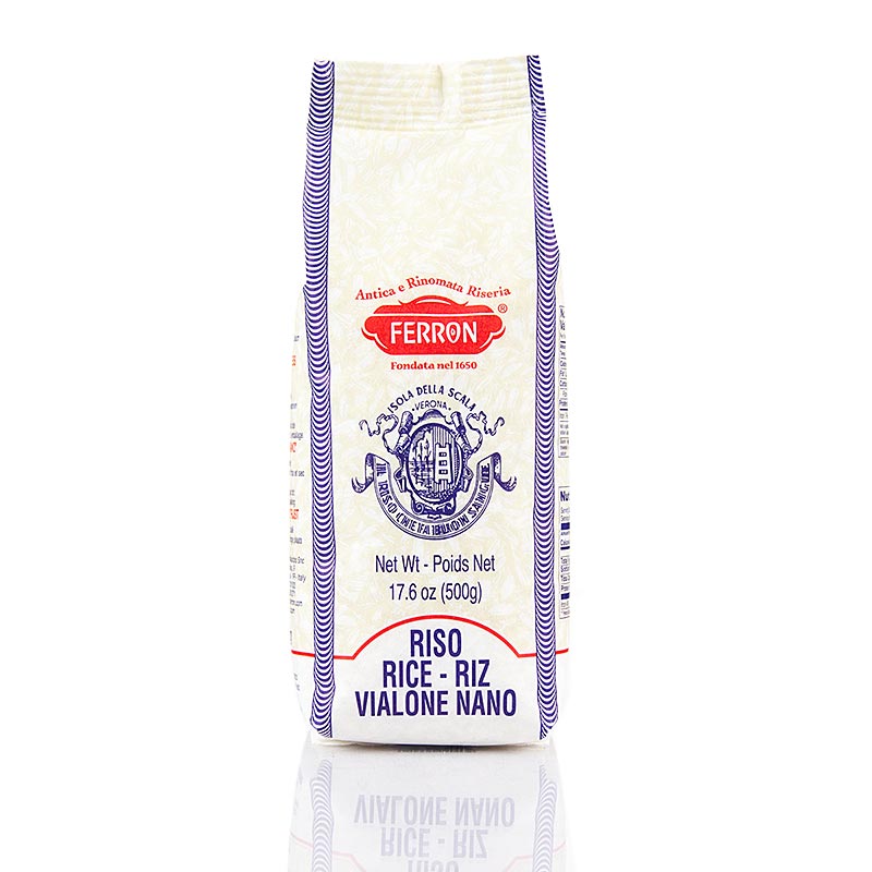 Paquet de 500 grammes de Ferron Vialone Nano, riz à grains ronds pour préparer un délicieux risotto