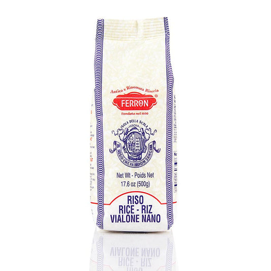 Paquet de 500 grammes de Ferron Vialone Nano, riz à grains ronds pour préparer un délicieux risotto