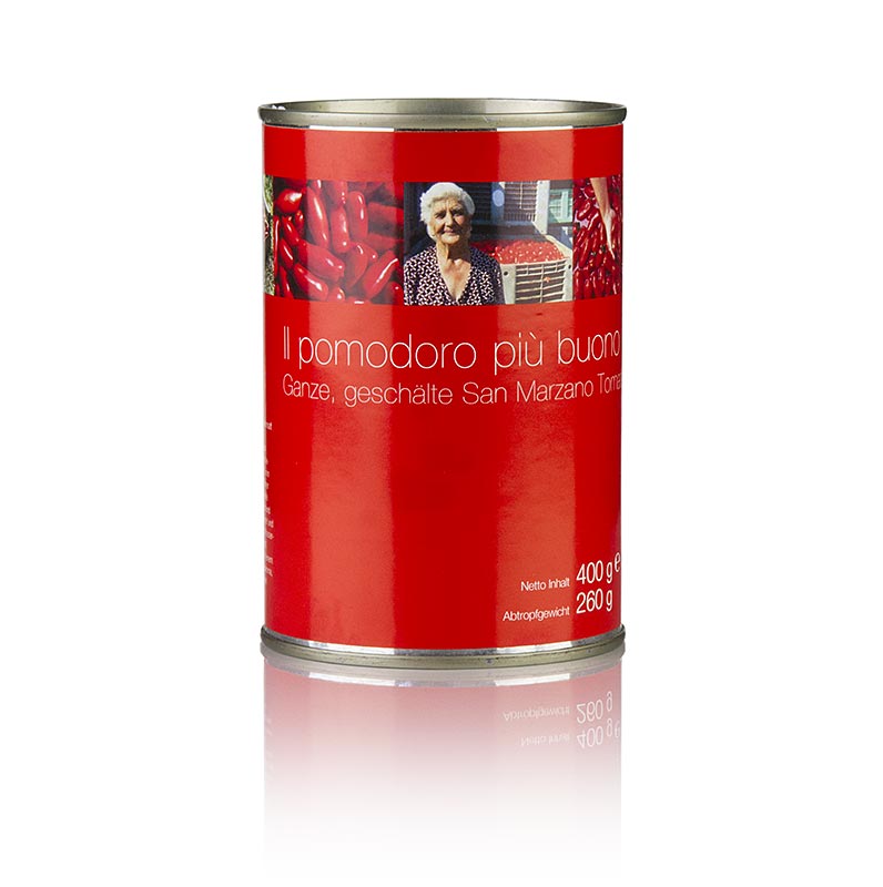 Tomates San Marzano, entières, rouges, pelées, de Campanie, Italie, 400 g