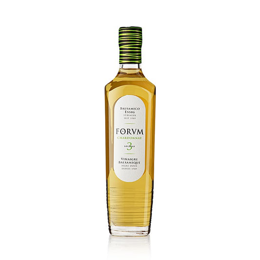 Bouteille de 500 ml de vinaigre balsamique Chardonnay de FORVM, vieilli en fûts de bois