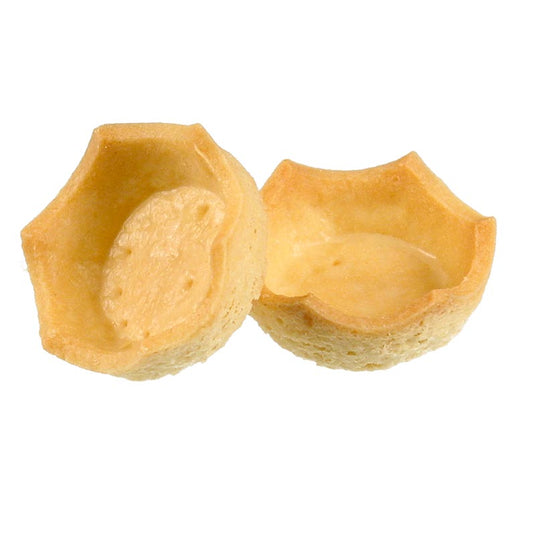 Tartelettes de dessert - Royale, claire, bord couronné, ø 5cm, H 15cm, pâte à sable, 173 kg, 184 pièces - Image de petites tartelettes en pâte à sable avec un bord couronné royal clair, d'un diamètre de 5cm et d'une hauteur de 15cm, emballées dans une boîte de 173kg de 184 pièces.
