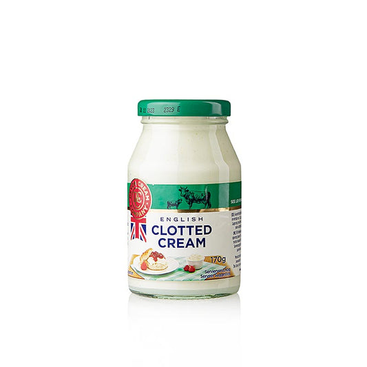 Photo d'un pot de clotted cream anglaise, crème ferme, avec 55% de matière grasse, 170 g