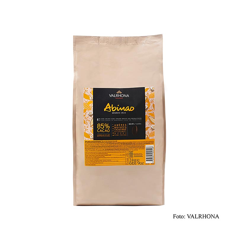 Valrhona Abinao Grand Cru couverture noire, Callets, 85% de cacao, Afrique, 3 kg - chocolat de qualité supérieure fabriqué à partir de cacao africain avec une teneur élevée en cacao de 85%.