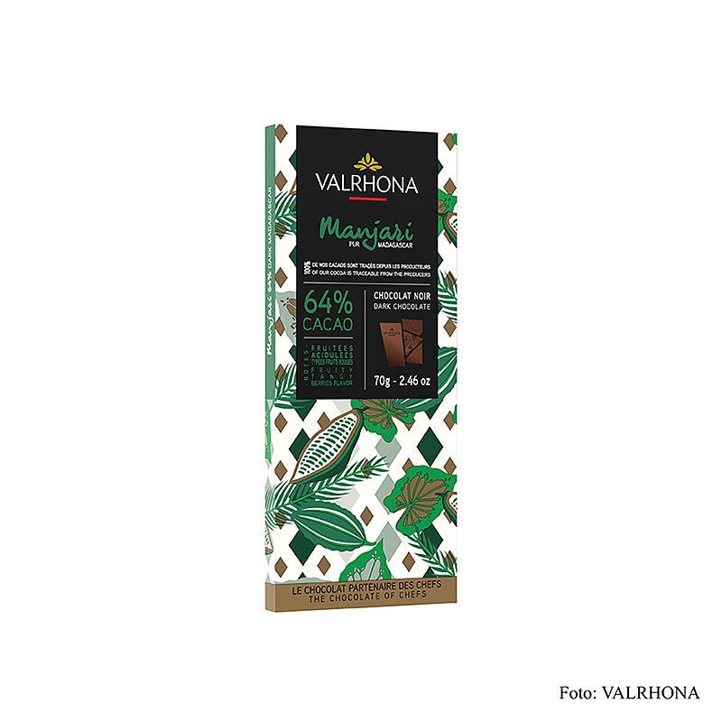 Valrhona Manjari - chocolat noir avec 64% de cacao, de Madagascar, 70 g, parfait pour les amateurs de chocolat intense