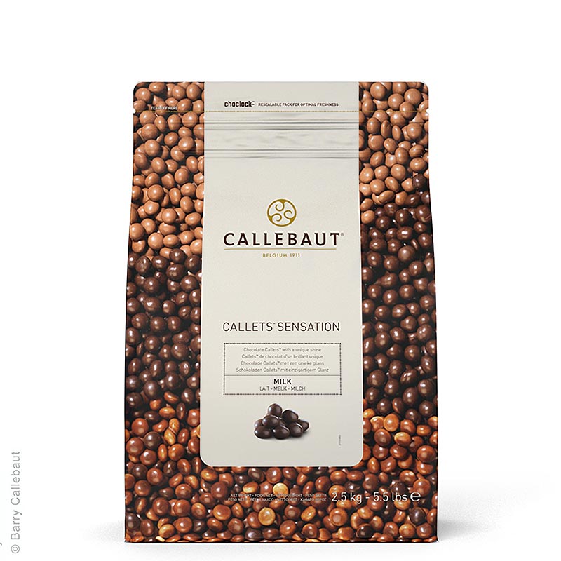Callets Sensation Milk, perles de chocolat au lait avec 33% de cacao, emballées dans un paquet de 2,5 kg de la marque Callebaut