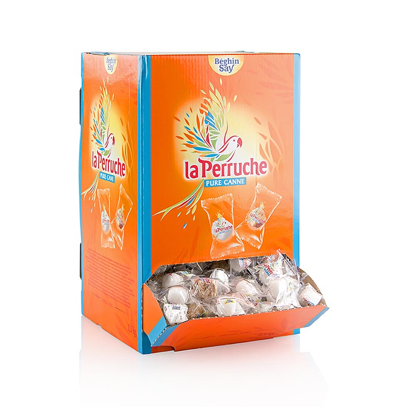 Boîte présentoir de 2,5 kg avec des morceaux de sucre de canne brun et blanc emballés séparément