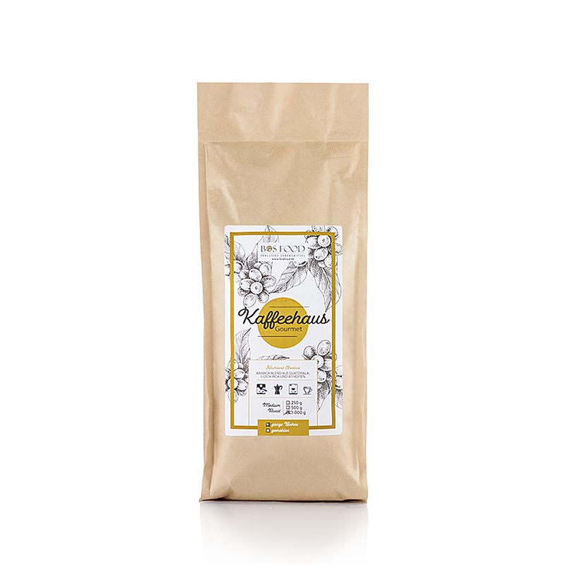 Bos Food Gourmet coffee house, grains entiers, 100 % Arabica, 1 kg - Goût raffiné et riche de grains de café Arabica de première qualité en grains entiers, convenant aux machines à café et aux machines à espresso