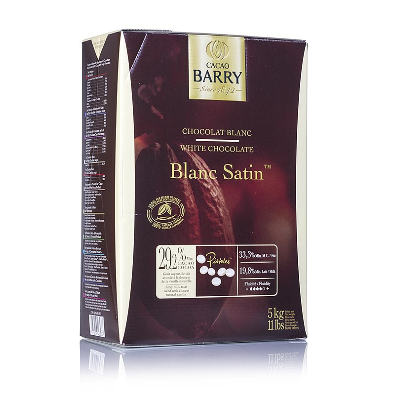 Callets de chocolat blanc Blanc Satin avec 29% de cacao, paquet de 5 kg