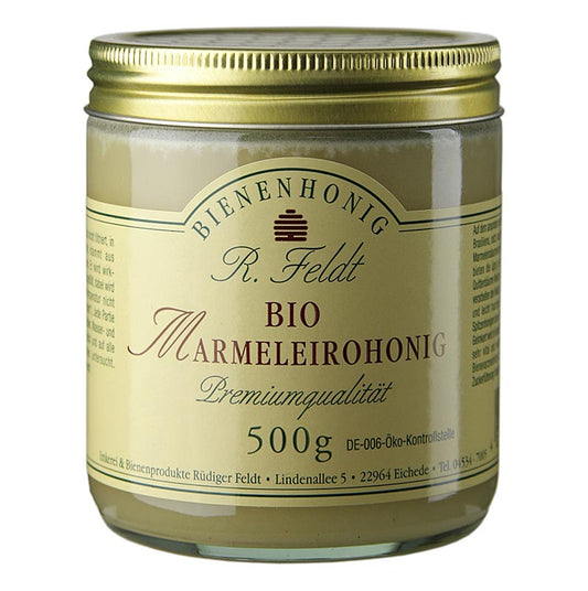 Le miel Feldt Marmeleiro, originaire du Brésil, est de couleur dorée, de saveur crémeuse et fruitée, et est produit selon des méthodes biologiques. Ce paquet contient 500 grammes de miel.