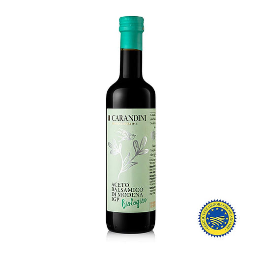 Carandini Aceto Balsamico di Modena Classico PGI, 9 mois organic, 500 ml - Une bouteille de 500 ml de vinaigre balsamique biologique de Modène, vieilli pendant 9 mois, de la marque Carandini.