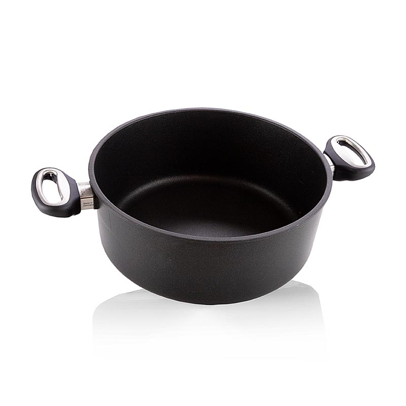 Plat à rôtir AMT Gastroguss de 28 cm de diamètre et 12 cm de hauteur, adapté pour rôtir de la viande, des légumes et d'autres plats.