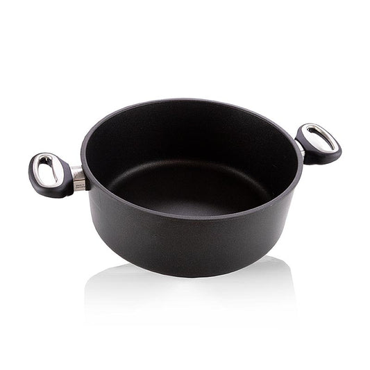 Plat à rôtir AMT Gastroguss de 28 cm de diamètre et 12 cm de hauteur, adapté pour rôtir de la viande, des légumes et d'autres plats.