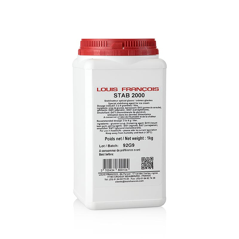 Stab 2000, stabilisateur pour glaces et crèmes fouettées, Louis Francois, 1 kg - image du produit avec emballage blanc et texte bleu sur fond blanc