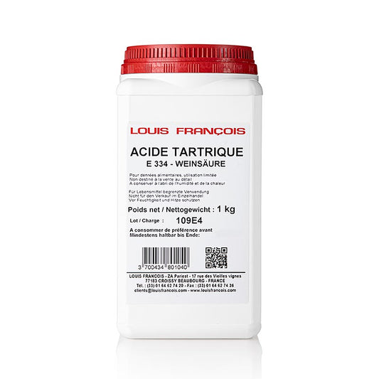 Acide tartrique, en poudre, E 334, de Louis Francois, 1 kg - acide biodégradable et polyvalent pour la préparation et la conservation des aliments