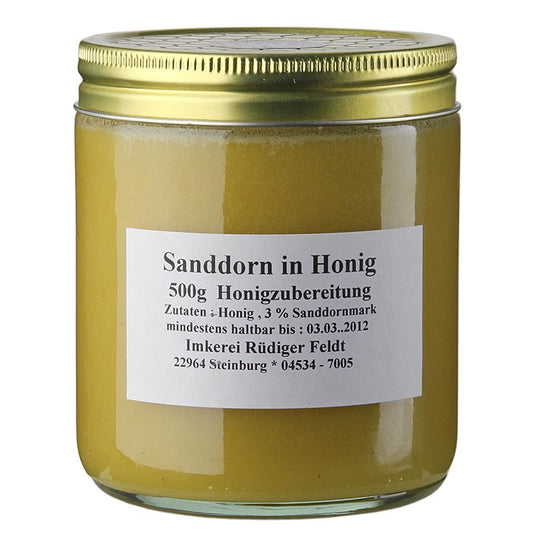 Argousier au miel, harmonieux, légèrement fruité, 500 g - baies d'argousier naturelles et savoureuses dans du miel doux, parfaites pour ajouter une saveur harmonieuse et légèrement fruitée à vos plats et boissons.