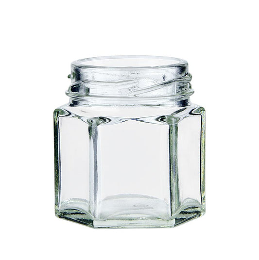 Bocal hexagonal en verre de 47 ml, 43 mm de diamètre et sans couvercle, vendu à l'unité