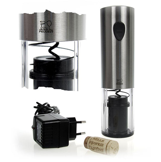 Tire-bouchon électrique Peugeot ELIS en acier inoxydable, rechargeable avec adaptateur secteur, 1 pièce - Image du produit avec Tire-bouchon électrique Peugeot ELIS rechargeable, en acier inoxydable, avec adaptateur secteur, 1 pièce