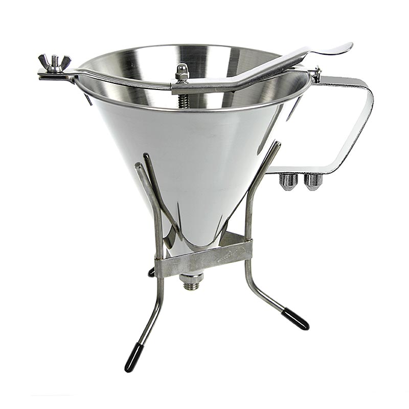 deBUYER Entonnoir à fondant, automatique, avec 3 tailles de bec, 1,9 litres, avec support, 1 st - Entonnoir à fondant en acier inoxydable avec fonction automatique, 3 tailles de bec différentes, une capacité de 1,9 litres et un support.