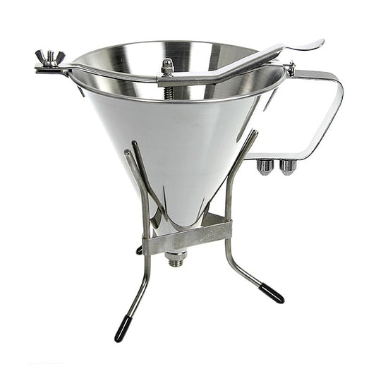 deBUYER Entonnoir à fondant, automatique, avec 3 tailles de bec, 1,9 litres, avec support, 1 st - Entonnoir à fondant en acier inoxydable avec fonction automatique, 3 tailles de bec différentes, une capacité de 1,9 litres et un support.
