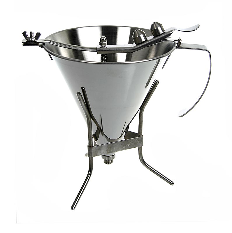 deBUYER entonnoir à fondant, automatique, avec 3 tailles de becs, 1,5 litres, avec support, 1 st - Grand entonnoir à fondant en acier inoxydable avec fonction automatique et 3 tailles de becs différentes, avec support, capacité de 1,5 litres, idéal pour la décoration de gâteaux et de pâtisseries.