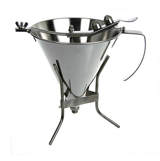 deBUYER entonnoir à fondant, automatique, avec 3 tailles de becs, 1,5 litres, avec support, 1 st - Grand entonnoir à fondant en acier inoxydable avec fonction automatique et 3 tailles de becs différentes, avec support, capacité de 1,5 litres, idéal pour la décoration de gâteaux et de pâtisseries.