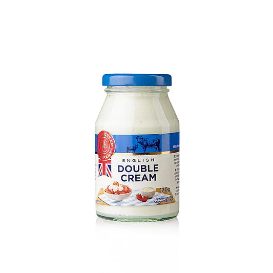 English Double Devon Cream, crème ferme avec 48% de matière grasse, 170 g, parfaite pour les desserts et les recettes nécessitant une texture riche et crémeuse.