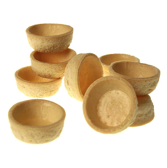 Tartelettes de dessert - Classique, ronde, ø 5cm, pâte à croûte, vegan, 1785 kg, 184 pièces - Délicieuses tartelettes vegan de forme ronde classique de 5cm, en pâte à croûte, emballées dans un carton de 1785 kg avec 184 pièces.