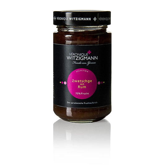 Photographie de la pâte à tartiner aux prunes et au rhum en pot de 225g, une pâte à tartiner délicieuse et savoureuse à base de prunes fraîches et de rhum.
