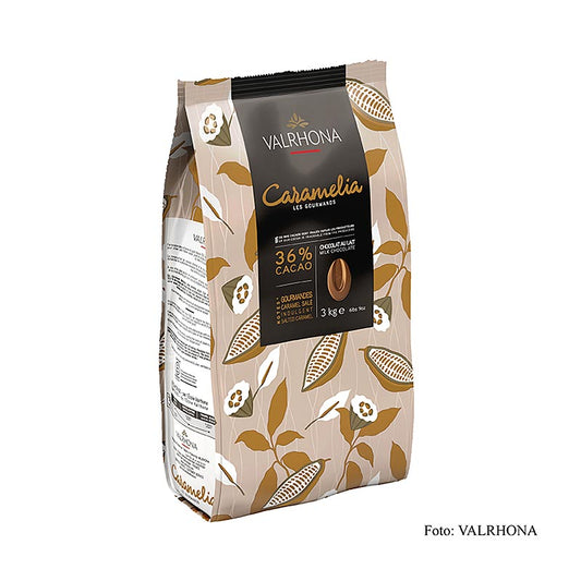 Valrhona Caramelia, caramel au lait entier de couverture, Callets, 36% de cacao, 3 kg : délicieux callets de chocolat au lait entier au caramel de Valrhona.