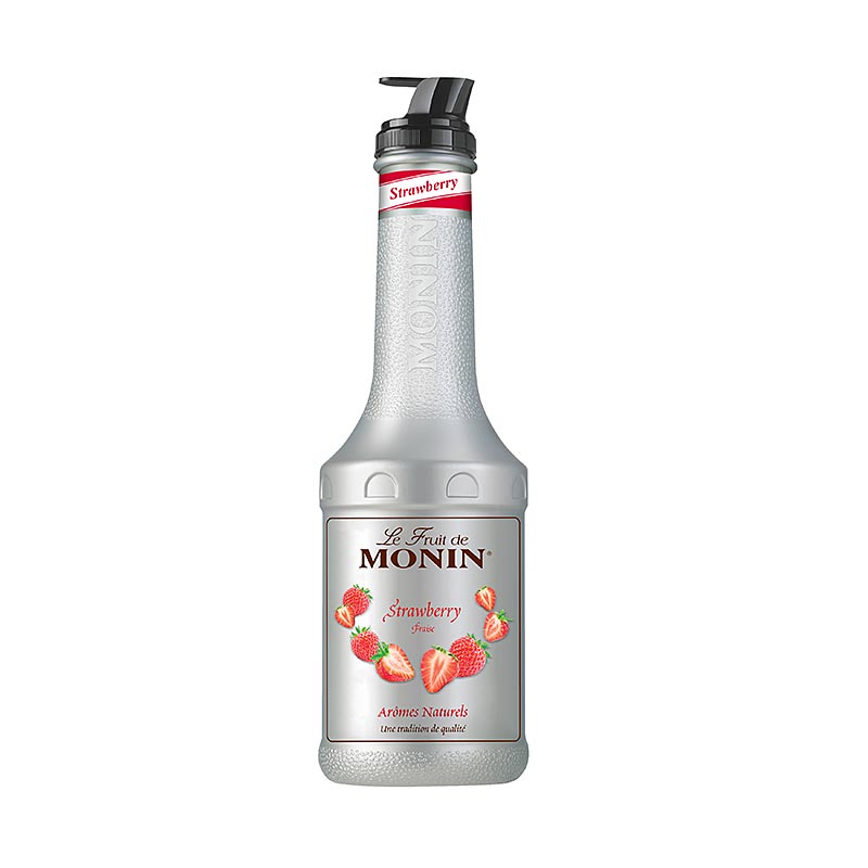 Mélange de purée de fruits à la fraise, sucré, conditionné dans une bouteille pratique à bec verseur de 1 litre
