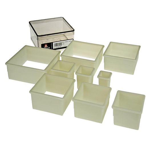 DeBUYER coupe-biscuits, carré, plastique, ø18/25/35/45/55/65/75/85/95cm, 9 pcs - Un set de 9 coupe-biscuits carrés en plastique de différentes tailles.