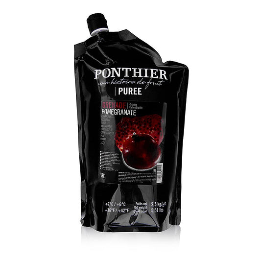 Sachet contenant 1 kg de purée de grenade avec du sucre, parfait pour diverses recettes