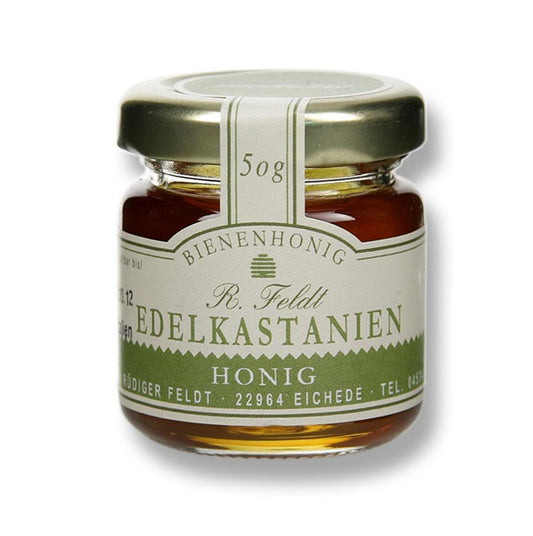 Miel de châtaignier italien liquide de couleur brun moyen en pot de 50 g, à la saveur douce-amère.