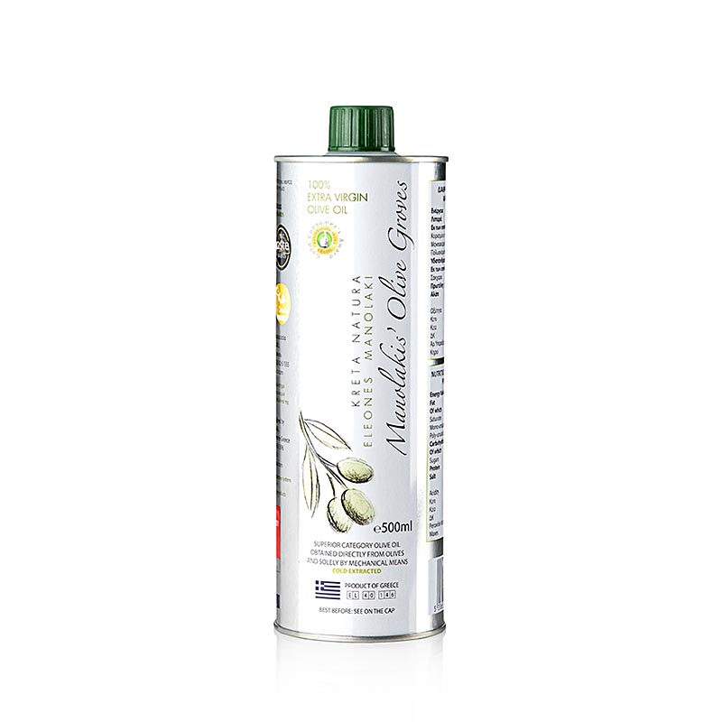 Bouteille de 500 ml d'huile d'olive extra vierge de Manolakis Groves, fabriquée à partir d'olives Koroneiki de Crète