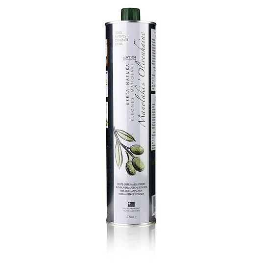 Huile d'olive extra vierge issue des olives Koroneiki cultivées dans les plantations de Manolakis en Crète, bouteille de 750 ml