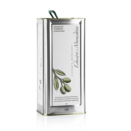 Huile d'olive extra vierge de Manolakis Groves, fabriquée à partir d'olives Koroneiki de Crète, conditionnée dans une bouteille de 5 litres.