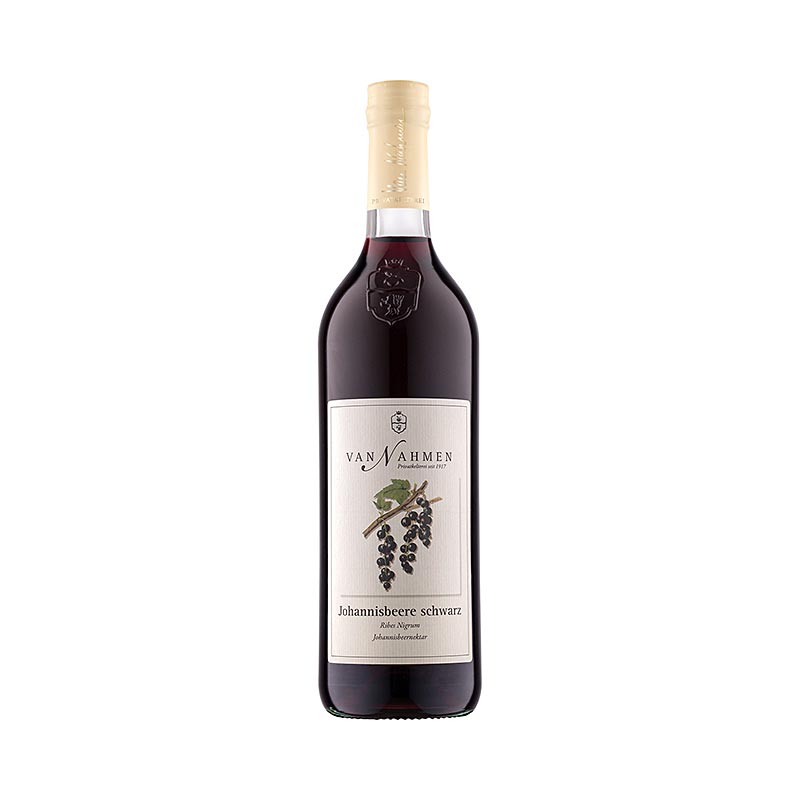 Nectar de cassis Van Nahmen, élaboré à partir de 35% de jus direct, conditionné en bouteille de 750ml.
