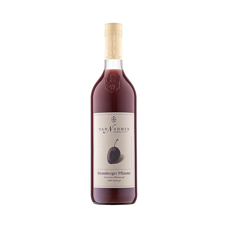 Stromberger plum (jus de prune) (100% jus direct), 750ml, de Nahmen, 750ml - Image d'une bouteille de 750ml de jus de prune de Nahmen, fabriqué à partir de 100% de jus direct de prunes Stromberger.