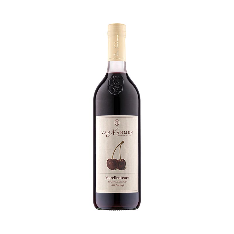 van Nahmen - Morellenfeuer jus de cerise acide, 100% jus direct, 750 ml - Une bouteille de 750 ml de jus de cerise acide pur et direct, produit par van Nahmen.